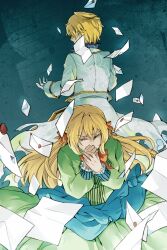 Rule 34 | 1boy, 1girl, ada vessalius, blonde hair, bow, bowtie, brother and sister, coat, crying, dress, gloves, green dress, letter, long hair, oz vessalius, pandora hearts, red bow, red bowtie, short hair, siblings, wavily, white coat, white gloves