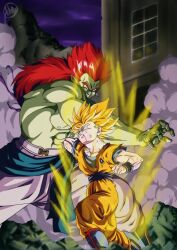 Rule 34 | 2boys, abs, aura, blonde hair, blood, blood from mouth, bojack, boots, building, clenched teeth, colored skin, dougi, dragon ball, dragonball z, frown, green skin, highres, impaled, kakeru (dbskakeru), long hair, male focus, multiple boys, night, night sky, pointy ears, punching, red hair, size difference, sky, smoke, son gohan, super saiyan, super saiyan 2, teeth, topless male, torn clothes, wristband
