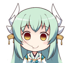 Rule 34 | 1girl, blue hair, blush, chibi, empty eyes, fate/grand order, fate (series), hair in own mouth, horn ornament, horns, japanese clothes, kimono, kiyohime (fate), langbazi, long hair, looking at viewer, simple background, smile, solo, white background, yellow eyes