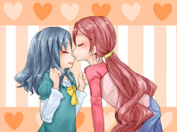 Rule 34 | 2girls, aqua shirt, aqua sleeves, blue hair, blue pants, bow, bowtie, clenched hands, closed eyes, closed mouth, commentary request, cowboy shot, denim, frilled sleeves, frills, from side, hair ornament, hair scrunchie, hanasaki tsubomi, heart, heart background, heartcatch precure!, jeans, kiss, kissing nose, kurumi erika, layered sleeves, leaning forward, light blush, long hair, long sleeves, low twintails, multiple girls, open mouth, orange background, pants, pink hair, pink shirt, pink sleeves, pocket, precure, puffy short sleeves, puffy sleeves, ryuuguu umiushi, scrunchie, shirt, short over long sleeves, short sleeves, simple background, smile, striped background, twintails, upper body, very long hair, wavy hair, white sleeves, yellow bow, yellow bowtie, yellow scrunchie, yuri
