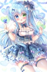 Rule 34 | 1girl, :d, balloon, black bow, blue bow, blue eyes, blue hair, blue skirt, blush, bow, breasts, cleavage, commentary request, commission, earrings, frilled skirt, frilled thighhighs, frills, green eyes, hair between eyes, hair bow, hair ornament, hands up, heart, heart balloon, heart earrings, heart hair ornament, heterochromia, highres, holding, jewelry, kouta., long hair, looking at viewer, medium breasts, one side up, open mouth, original, plaid, plaid skirt, pleated skirt, puffy short sleeves, puffy sleeves, purple bow, shirt, short sleeves, single wrist cuff, skeb commission, skirt, smile, solo, thighhighs, very long hair, white shirt, white thighhighs, wrist cuffs