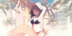 Rule 34 | 1girl, bikini, black bikini, blue sky, blush, brown eyes, building, coconut tree, commentary request, day, hand on headwear, hat, holding, holding clothes, holding hat, miya noyori, navel, open mouth, outdoors, palm tree, sarong, sky, smile, sun hat, swimsuit, tree