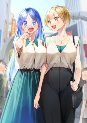 Rule 34 | 2girls, :d, absurdres, bag, belt, blonde hair, blue eyes, blue hair, blurry, blurry background, blush, breasts, faceless, faceless male, handbag, high-waist pants, high-waist skirt, highres, holding another&#039;s arm, jewelry, large breasts, long hair, multiple girls, necklace, open mouth, original, outdoors, pants, pointing, rinku (rin9), short hair, skirt, smile, translated, yellow eyes
