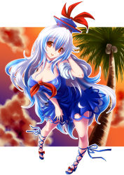 Rule 34 | 1girl, adapted costume, bare shoulders, bent over, blue dress, blue hair, blue skirt, breasts, brown eyes, cleavage, cloud, collarbone, detached sleeves, dress, hand in own hair, hat, hijikawa arashi, kamishirasawa keine, large breasts, leg ribbon, long hair, looking at viewer, multicolored hair, neckerchief, open mouth, palm tree, pigeon-toed, ribbon, shoes, short sleeves, silver hair, skirt, sky, smile, solo, sunset, touhou, tree, two-tone hair, very long hair