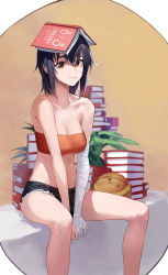 Rule 34 | 1girl, absurdres, arm wrap, ball, bandeau, bare legs, bare shoulders, basketball, basketball (object), black hair, book, book on head, book stack, breasts, brown eyes, cleavage, closed mouth, collarbone, commentary, denim, denim shorts, english commentary, feet out of frame, highres, kanbaru suruga, looking at viewer, mac star, medium hair, monogatari (series), object on head, orange bandeau, shorts, sitting, smile, solo, strapless, tube top