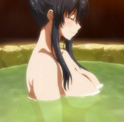 Rule 34 | 1girl, bathing, black hair, blush, breasts, closed eyes, highres, large breasts, luvelia sanctos, nipples, nude, partially submerged, peter grill to kenja no jikan, smile, stitched, third-party edit, water, wet