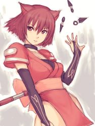 Rule 34 | :3, animal ears, bridal gauntlets, brown eyes, brown hair, choker, elbow gloves, fumio (rsqkr), gloves, kunai, loincloth, mao (shining tears), red eyes, red hair, sega, shining (series), shining tears, short hair, sketch, solo, weapon