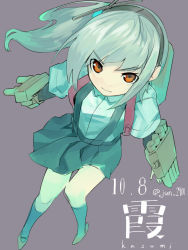 Rule 34 | &gt;:|, 10s, 1girl, :|, arm warmers, brown eyes, character name, dated, grey hair, hairband, highres, kantai collection, kasumi (kancolle), pleated skirt, semidou jun, side ponytail, skirt, suspenders, twitter username, v-shaped eyebrows