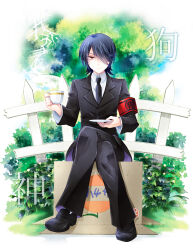 Rule 34 | 1boy, armband, black footwear, black hair, black jacket, black necktie, box, burupara, bush, cardboard box, closed mouth, collared shirt, commentary request, crossed legs, cup, fence, full body, gugure! kokkuri-san, hair over one eye, holding, holding cup, holding saucer, inugami (gugukoku), jacket, light smile, loafers, looking at viewer, male focus, necktie, red armband, red eyes, saucer, shirt, shoes, sitting, solo, steam, suit jacket, teacup, white shirt, wing collar
