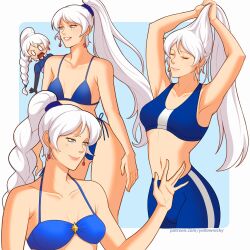 arms_up blue_bra blue_eyes blue_panties blue_pants bra chibi cropped_shirt earrings hand_on_own_thigh hands_in_own_hair highres jewelry long_hair midriff multiple_views navel open_mouth panties pants ponytail rwby scar scar_across_eye scar_on_face smile thighs underwear weiss_schnee white_hair yellow_nicky