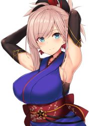 Rule 34 | 1girl, armpits, arms behind head, arms up, asymmetrical hair, bare shoulders, blue eyes, blue kimono, blush, breasts, closed mouth, earrings, fate/grand order, fate (series), hair ornament, japanese clothes, jewelry, kimono, large breasts, long hair, looking at viewer, mitsukazu (nijigen complex), miyamoto musashi (fate), miyamoto musashi (first ascension) (fate), obi, pink hair, ponytail, sash, simple background, sleeveless, sleeveless kimono, smile, solo, white background