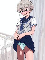 1boy blue_eyes blush bulge clothes_lift crossdressing enbitonbi grey_hair male_focus panties school_uniform serafuku skirt skirt_lift sweatdrop trap underwear uzaki-chan_wa_asobitai! uzaki_kiri