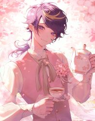 Rule 34 | 1boy, :3, absurdres, black hair, blonde hair, blush, branch, brown ribbon, buttons, cherry blossoms, closed mouth, commentary, cup, ear piercing, english commentary, eyelashes, falling petals, flower, hands up, head tilt, highres, holding, holding saucer, holding teapot, light particles, long hair, long sleeves, looking at viewer, male focus, mochigome (yum), multicolored hair, neck ribbon, nijisanji, nijisanji en, parted bangs, petals, piercing, pink flower, pink hair, pink vest, puffy long sleeves, puffy sleeves, purple eyes, purple hair, ribbon, saucer, shirt, shu yamino, sidelocks, smile, solo, streaked hair, swept bangs, tea, teacup, teapot, upper body, vest, virtual youtuber, white background, white shirt