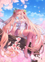Rule 34 | 1girl, absurdres, arm support, blurry, blurry foreground, blush, boots, cherry blossoms, collared shirt, detached sleeves, flower, full body, hair flower, hair ornament, half-closed eyes, hatsune miku, highres, leaf hair ornament, long hair, looking at viewer, necktie, obu (da1103ll), outdoors, petals, pink eyes, pink hair, pink skirt, pink thighhighs, pleated skirt, sakura miku, shirt, sitting, skirt, sky, sleeveless, smile, solo, thigh boots, thighhighs, thighs, tree, twintails, very long hair, vocaloid, wide sleeves