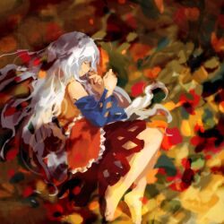 Rule 34 | 1girl, barefoot, blue sleeves, closed eyes, closed mouth, commentary request, detached sleeves, dress, kaigen 1025, long hair, lying, multicolored clothes, multicolored dress, on side, sakata nemuno, sleeping, sleeveless, sleeveless dress, solo, touhou, very long hair, white background