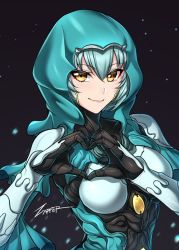 Rule 34 | 1girl, blue hair, body armor, bodysuit, breasts, hair between eyes, heart, heart hands, hood, humanization, light blue hair, looking at viewer, signature, simple background, smile, solo, warframe, yareli (warframe), yellow eyes, zxpfer
