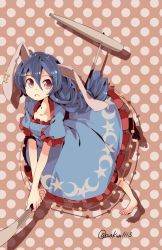Rule 34 | 1girl, aoi kujira, bad id, bad twitter id, barefoot, blue hair, braid, kine, long hair, mallet, open mouth, red eyes, seiran (touhou), solo, touhou
