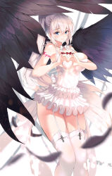 Rule 34 | 1girl, absurdres, bad id, bad pixiv id, bare arms, bare shoulders, black wings, blush, bow, breasts, closed mouth, collarbone, deep skin, dress, fang, fang out, feathered wings, feathers, frilled dress, frilled skirt, frills, garter straps, hair between eyes, heart, heart-shaped boob challenge, heart hands, highres, kooemong, large breasts, long hair, looking at viewer, original, red bow, short dress, sidelocks, skirt, sleeveless, sleeveless dress, smile, solo, thighhighs, white dress, white hair, white thighhighs, wings