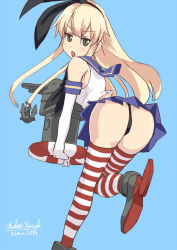 Rule 34 | 10s, 1girl, anchor, ass, back, bad id, bad pixiv id, black panties, blonde hair, blouse, elbow gloves, flat chest, gloves, hair ornament, hairband, highleg, highleg panties, kantai collection, kirisaki akihito, lifebuoy, long hair, looking at viewer, looking back, navel, open mouth, panties, patterned legwear, personification, rensouhou-chan, sailor collar, shimakaze (kancolle), shirt, skirt, striped clothes, striped thighhighs, swim ring, thighhighs, thong, two-tone stripes, underwear, white gloves, white stripes