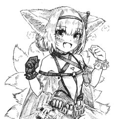Rule 34 | 1girl, :d, absurdres, animal ear fluff, animal ears, arknights, bare shoulders, blush, braided hair rings, clothing cutout, commentary, earpiece, fang, fox ears, fox girl, fox tail, gloves, greyscale, hair rings, hairband, hands up, high contrast, highres, kitsune, kyuubi, looking at viewer, material growth, monochrome, multiple tails, open mouth, oripathy lesion (arknights), shiokaze1409, short hair, shoulder cutout, single glove, single wrist cuff, smile, solo, suzuran (arknights), tail, upper body, wrist cuffs