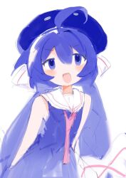 Rule 34 | 1girl, ahoge, arms behind back, blue eyes, blue hair, blue hat, blush, dress, hair between eyes, hat, highres, large hat, long hair, looking at viewer, open mouth, otomachi una, otomachi una (sugar), sailor collar, sailor dress, simple background, sketch, solo, tenpibo ramune, very long hair, vocaloid, white background, white sailor collar