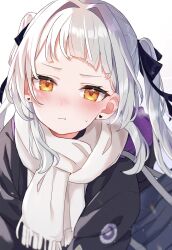 Rule 34 | 1girl, black ribbon, blush, choppy bangs, coat, earrings, eyelashes, heart, heart earrings, highres, hololive, jewelry, light particles, long hair, looking at viewer, mei am0, murasaki shion, portrait, pout, ribbon, scarf, solo, twintails, virtual youtuber, white background, white hair, white scarf, winter clothes, winter coat, yellow eyes