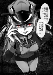 Rule 34 | 1girl, :p, anchor hair ornament, breasts, cross, ebiblue, gesugao, gloves, greyscale, grin, hair ornament, hand on own hip, hand up, hat, iron cross, kantai collection, large breasts, leaning forward, long hair, looking at viewer, low twintails, military, military uniform, miniskirt, monochrome, open mouth, peaked cap, pleated skirt, prinz eugen (kancolle), red eyes, school uniform, shaded face, sidelocks, skirt, smile, solo, spot color, thighhighs, tongue, tongue out, twintails, twitter username, uniform