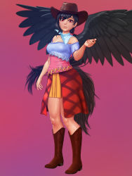 Rule 34 | 1girl, aethos, arm at side, arm up, bare shoulders, black hair, black wings, blouse, blue neckerchief, blue shirt, blurry, boots, brown footwear, brown hat, commentary, contrapposto, cowboy boots, cowboy hat, depth of field, dress, expressionless, feathered wings, fingernails, full body, hat, highres, horse tail, kurokoma saki, layered dress, lips, long hair, looking at viewer, multicolored clothes, multicolored dress, nail polish, neckerchief, parted lips, pink background, plaid, plaid skirt, ponytail, red eyes, red nails, red skirt, shirt, short sleeves, simple background, skirt, solo, standing, strapless, strapless dress, swept bangs, tail, touhou, very long hair, wings