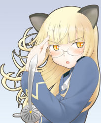 Rule 34 | 1girl, animal ears, bad id, bad pixiv id, blonde hair, blush, cat ears, glasses, long hair, military, military uniform, open mouth, perrine h. clostermann, rapier, revision, sezamyan, solo, strike witches, sword, uniform, weapon, world witches series, yellow eyes