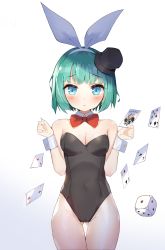 Rule 34 | 1girl, absurdres, ace (playing card), ace of clubs, ace of hearts, animal ears, bad id, bad pixiv id, blue eyes, bow, bowtie, breasts, card, club (shape), cowboy shot, crying eye, detached collar, dice, facing viewer, fake animal ears, gluteal fold, green hair, hat, heart, highres, joker (playing card), leotard, looking at viewer, mini hat, mini top hat, original, playboy bunny, playing card, rabbit ears, rabbit tail, short hair, small breasts, solo, tail, top hat, wrist cuffs