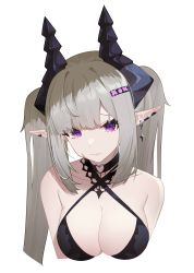 Rule 34 | 1girl, absurdres, bikini, black bikini, black choker, breasts, choker, cleavage, closed mouth, criss-cross halter, cropped torso, demon horns, ear piercing, grey hair, hair ornament, hairclip, halterneck, heart, heart choker, heiyizhushenxia, highres, horns, large breasts, long hair, looking at viewer, original, piercing, pointy ears, purple eyes, simple background, solo, swimsuit, twintails, upper body, white background