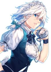 Rule 34 | 1girl, blue eyes, bow, braid, breasts, brooch, chain, dress shirt, from side, green bow, hair between eyes, hair bow, highres, izayoi sakuya, jewelry, looking at viewer, looking to the side, maid, maid headdress, medium breasts, pocket watch, puffy short sleeves, puffy sleeves, shirt, short sleeves, silver hair, smile, solo, touhou, twin braids, u u zan, upper body, watch, white shirt, wristband