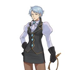 Rule 34 | 1girl, ace attorney, aged up, ascot, black gloves, black pantyhose, black skirt, black vest, blue hair, bow, bowtie, breasts, brooch, buttons, capcom, closed mouth, cowboy shot, earrings, female focus, franziska von karma, gloves, godzillapigeon1, grey eyes, hand on own hip, highres, holding, holding whip, jewelry, juliet sleeves, long sleeves, looking to the side, miniskirt, mole, mole under eye, pantyhose, pencil skirt, phoenix wright: ace attorney - justice for all, puffy sleeves, shirt, short hair, side slit, sidelocks, simple background, skirt, small breasts, solo, standing, vest, white ascot, white background, white bow, white bowtie, white shirt