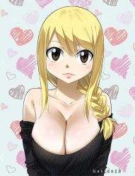 Rule 34 | 1girl, artist name, bare shoulders, black dress, blonde hair, blush, braid, breasts, brown eyes, cleavage, closed mouth, collarbone, detached sleeves, dress, facing viewer, fairy tail, gaston18, hair ornament, hair tie, happy, heart, heart background, highres, large breasts, long hair, long sleeves, looking at viewer, lucy heartfilia, single braid, smile, solo, upper body