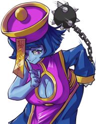Rule 34 | 1girl, ball and chain (weapon), bent over, blue hair, blue skin, breasts, chinese clothes, cleavage, cleavage cutout, clothing cutout, colored skin, dress, jiangshi, large breasts, lei lei, moxydraws, pink dress, red eyes, short hair, solo, talisman, vampire (game)