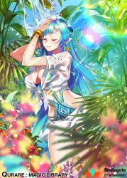 Rule 34 | 1girl, bad id, bad pixiv id, blue hair, blue sky, bracelet, braid, breasts, closed eyes, company name, copyright name, delphine (qurare), earrings, eyewear on head, flower, hand up, jewelry, large breasts, lens flare, long hair, official art, plant, pointy ears, qurare magic library, see-through, showering, sky, standing, swimsuit, very long hair, water, water drop, watermark, wet, xxinainaxx