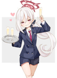 Rule 34 | 1girl, absurdres, blue archive, blush, collared shirt, cup, feet out of frame, formal, grey hair, grin, halo, heart, highres, holding, holding cup, holding tray, long hair, long sleeves, looking at viewer, mutsuki (blue archive), mutsuki (suit) (blue archive), necktie, official alternate costume, pink eyes, pointy ears, red halo, red necktie, saekiya sabou, shirt, side ponytail, smile, solo, suit, tray, white shirt