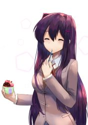 Rule 34 | 1girl, ^ ^, closed eyes, commentary, doki doki literature club, english commentary, food, grey jacket, hair between eyes, hair ornament, hairclip, highres, ice cream, jacket, long hair, long sleeves, purple hair, school uniform, simple background, solo, takuyarawr, upper body, utensil in mouth, very long hair, white background, wing collar, yuri (doki doki literature club)