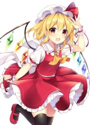 Rule 34 | 1girl, arm up, artist name, black thighhighs, blonde hair, bow, breasts, collar, crystal, eyes visible through hair, flandre scarlet, frills, hair between eyes, hand up, hat, hat ribbon, highres, jumping, looking at viewer, medium breasts, mob cap, multicolored wings, one side up, open mouth, puffy short sleeves, puffy sleeves, red bow, red footwear, red ribbon, red skirt, red vest, ribbon, ruhika, shirt, shoes, short hair, short sleeves, simple background, skirt, smile, solo, thighhighs, touhou, twitter username, vest, white background, white bow, white hat, white shirt, wings, wrist cuffs, yellow neckwear