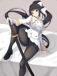 Rule 34 | 1girl, arm support, azur lane, bed sheet, black footwear, black hair, black pantyhose, bow, breasts, brown eyes, closed mouth, commentary request, gloves, hair bow, half gloves, head tilt, high ponytail, highres, holding, holding sword, holding weapon, jacket, katana, koflif, large breasts, loafers, long hair, long sleeves, looking at viewer, military jacket, panties, panties under pantyhose, pantyhose, pleated skirt, ponytail, sheath, sheathed, shoes, sitting, skirt, solo, sword, takao (azur lane), thighband pantyhose, underwear, v-shaped eyebrows, very long hair, weapon, white bow, white gloves, white jacket, white skirt