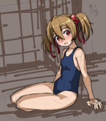 Rule 34 | 10s, 1girl, arm support, bare shoulders, blue one-piece swimsuit, blue school swimsuit, blush, breasts, brown hair, collarbone, dated, embarrassed, from side, full body, hair ribbon, looking at viewer, looking to the side, one-piece swimsuit, open mouth, red eyes, ribbon, rohitsuka, school swimsuit, school uniform, silica, sitting, sketch, small breasts, solo, swimsuit, sword art online, twintails