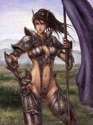 Rule 34 | 1girl, armor, bikini armor, black hair, boots, breasts, capcom, center opening, fingerless gloves, gauntlets, gloves, hand on own hip, hip focus, monster hunter (series), navel, neongun, polearm, ponytail, solo, thigh boots, thighhighs, weapon