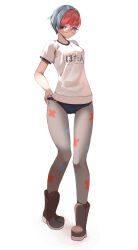 Rule 34 | 1girl, blue hair, boots, brown eyes, buruma, closed mouth, clothes writing, creatures (company), full body, game freak, glasses, grey leggings, gym uniform, highres, leggings, looking at viewer, momdy (talesshinja), multicolored hair, nintendo, penny (pokemon), pokemon, pokemon sv, print leggings, red hair, short hair, solo, standing, two-tone hair, white background