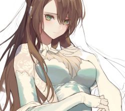 Rule 34 | 1girl, 3:, bad id, bad twitter id, bodystocking, breasts, bright pupils, brown hair, cleavage, elbow gloves, girls&#039; frontline, gloves, green eyes, hair between eyes, hand on own chest, impossible clothes, korean commentary, lee-enfield (girls&#039; frontline), leotard, long hair, looking at viewer, medium breasts, pro-p, solo, unfinished, upper body, white gloves