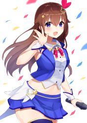 Rule 34 | 1girl, :d, blue eyes, blue skirt, blue thighhighs, blue vest, blush, breasts, brown hair, collared shirt, commentary, cropped shirt, cropped vest, diamond hair ornament, fragir, groin, hair flaps, hair ornament, hair ribbon, hairclip, highres, holding, holding microphone, hololive, idol, long hair, looking at viewer, microphone, microskirt, midriff, navel, neck ribbon, open mouth, pleated skirt, red ribbon, ribbon, shirt, skirt, sleeveless, sleeveless shirt, small breasts, smile, solo, star (symbol), star hair ornament, straight hair, thick thighs, thighhighs, thighs, tokino sora, tokino sora (1st costume), vest, virtual youtuber, waist cape, waving, white shirt, wrist cuffs