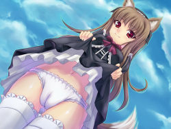 Rule 34 | 00s, 1girl, animal ears, brown hair, cameltoe, cleft of venus, clothes lift, dress, dress lift, fang, fujirin, gothic lolita, holo, lolita fashion, long hair, navel, panties, red eyes, solo, spice and wolf, tail, thighhighs, underwear, wolf ears, wolf tail