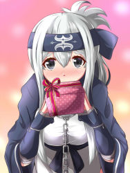 Rule 34 | 1girl, ainu clothes, backlighting, bandaged arm, bandages, blue gloves, blurry, blurry background, blush, box, breasts, brown eyes, chain, depth of field, embarrassed, fingerless gloves, gift, gift box, gloves, headband, holding, holding gift, kamoi (kancolle), kantai collection, leaning forward, long hair, long sleeves, looking at viewer, medium breasts, nose blush, polka dot, raised eyebrows, red ribbon, ribbon, sidelocks, silver hair, solo, tareme, valentine, wide sleeves, yukimi unagi