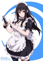 Rule 34 | 1girl, alternate costume, aoi suzu, apron, black dress, black hair, black thighhighs, blue bow, blue bowtie, blue ribbon, blush, bow, bowtie, breasts, cleavage, collar, cowboy shot, detached collar, dress, english text, enmaided, frilled apron, frilled hairband, frills, gun, hairband, handgun, hands up, highres, holding, holding gun, holding weapon, inoue takina, long hair, looking at viewer, lycoris recoil, maid, maid apron, maid headdress, medium breasts, parted lips, puffy short sleeves, puffy sleeves, purple eyes, ribbon, s&amp;w m&amp;p, short sleeves, solo, thighhighs, trigger discipline, twitter username, weapon, white apron, white background, white collar, white hairband, wing collar, zettai ryouiki
