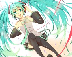 Rule 34 | 1girl, aqua eyes, aqua hair, boots, detached sleeves, hanadog, hand on own chest, hatsune miku, headset, long hair, necktie, open mouth, skirt, solo, thigh boots, thighhighs, twintails, very long hair, vocaloid