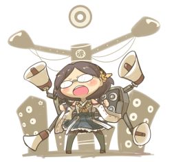 Rule 34 | 10s, 1girl, black hair, blush stickers, detached sleeves, glasses, hairband, inishie, japanese clothes, kantai collection, kirishima (kancolle), megaphone, microphone, nontraditional miko, open mouth, short hair, solo, sound system, speaker, thighhighs, wide face, wide sleeves